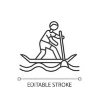 Paddle surfing linear icon. Thin line illustration. Sup boarding watersport, extreme kind of sport.Risky and adventurous leisure.Contour symbol. Vector isolated outline drawing. Editable stroke