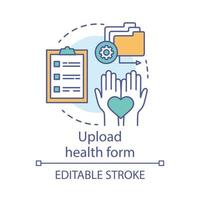 Upload health form concept icon. Camp, interest club application idea thin line illustration. Mandatory health check, verification before camping trip. Vector isolated outline drawing. Editable stroke