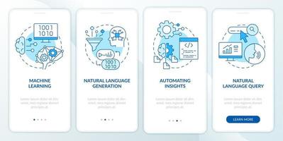 Advanced analytics blue onboarding mobile app screen. Automating insight. Walkthrough 4 steps graphic instructions pages with linear concepts. UI, UX, GUI template. vector