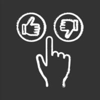 Like and dislike buttons click chalk icon. Thumbs up and down. Hand pushing button. Isolated vector chalkboard illustrations