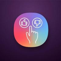 Like and dislike buttons click app icon. UI UX user interface. Thumbs up and down. Hand pushing button. Web or mobile applications. Vector isolated illustration