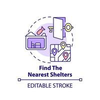 Find nearest shelters concept icon. Hide to save life. Actions during war abstract idea thin line illustration. Isolated outline drawing. Editable stroke. vector