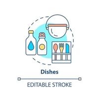 Dishes concept icon. Things to pack for evacuation and hiking. Survival bag abstract idea thin line illustration. Isolated outline drawing. Editable stroke. vector