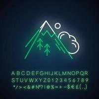 Avalanche neon light icon. Sudden landslip. Unexpected snowslide. Mass of snow and ice falling down mountain side. Glowing sign with alphabet, numbers and symbols. Vector isolated illustration