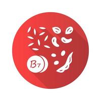 icono de glifo de sombra larga de diseño plano rojo de vitamina b7. almendras y maní. nueces y guisantes. alimentación saludable. fuente natural de biotina. nutrición apropiada. vitamina h. minerales ilustración de silueta vectorial vector