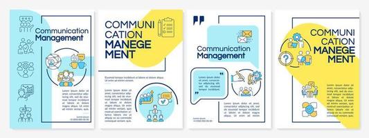 Communication management blue and yellow brochure template. Team collaboration. Leaflet design with linear icons. 4 vector layouts for presentation, annual reports.