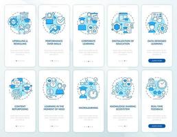 Emerging skills for professionals blue onboarding mobile app screen set. Walkthrough 5 steps graphic instructions pages with linear concepts. UI, UX, GUI template.