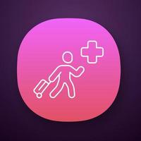 Humanitarian immigrant app icon. Refugee help. Emigrant with baggage. Travelling abroad. War victim evacuation. UI UX user interface. Web or mobile application. Vector isolated illustration