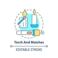 Torch and matches concept icon. Things to pack for evacuation. Emergency preparedness abstract idea thin line illustration. Isolated outline drawing. Editable stroke. vector