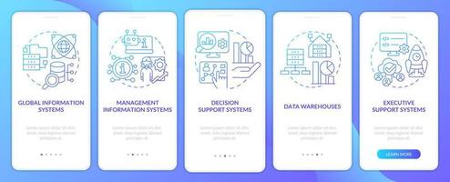 Information systems examples blue gradient onboarding mobile app screen. Walkthrough 5 steps graphic instructions pages with linear concepts. UI, UX, GUI template. vector