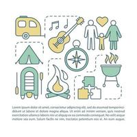 familia, plantilla de vector de página de artículo de campamento de paternidad. folleto, revista, elemento de diseño de folleto con iconos lineales y cuadros de texto. diseño de impresión. ilustraciones conceptuales con espacio de texto