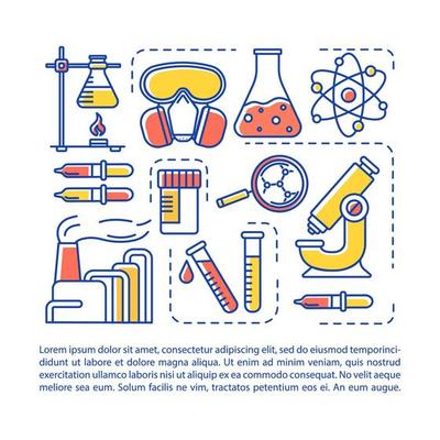 Chemicals industry article page vector template. Scientificresearch. Brochure, magazine, booklet design element with linear icons and text boxes. Print design. Concept illustrations with text space