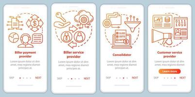 Billing services onboarding mobile app page screen vector template. Biller payment, advice provider. Walkthrough website steps with linear illustrations. UX, UI, GUI smartphone interface concept