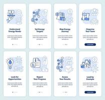 Management of energy use blue light onboarding mobile app screen set. Walkthrough 4 steps graphic instructions pages with linear concepts. UI, UX, GUI template. vector