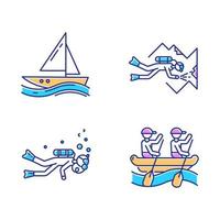 Watersports color icons set. Cave diving, sailing and rafting. Extreme kinds of sport. Summer vacation, adventure and hobby, beach activities. Diving with scuba gear. Isolated vector illustrations