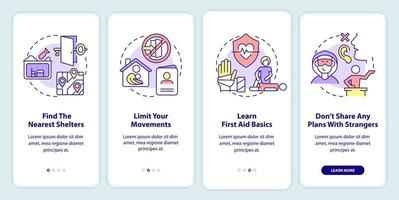 Actions to stay safe during war onboarding mobile app screen. Survive walkthrough 4 steps graphic instructions pages with linear concepts. UI, UX, GUI template. vector