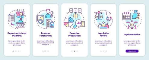 pantalla de la aplicación móvil de incorporación del proceso de presupuestación. planificación, tutorial de implementación 5 pasos páginas de instrucciones gráficas con conceptos lineales. interfaz de usuario, ux, plantilla de interfaz gráfica de usuario. vector