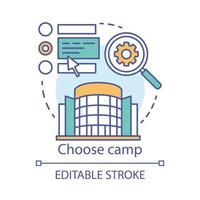 Choose camp concept icon. Holiday resort, interest club application idea thin line illustration. Different summer camp variants research, information. Vector isolated outline drawing. Editable stroke