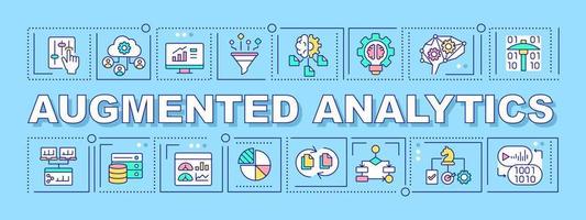 Augmented analytics word concepts blue banner. Machine learning. Data management. Infographics with icons on color background. Isolated typography. Vector illustration with text.