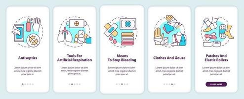 First aid kit onboarding mobile app screen. Surviving at war walkthrough 5 steps graphic instructions pages with linear concepts. UI, UX, GUI template. vector