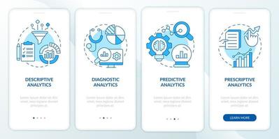 tipos de análisis de datos comerciales pantalla de aplicación móvil de incorporación azul. tutorial 4 pasos páginas de instrucciones gráficas con conceptos lineales. interfaz de usuario, ux, plantilla de interfaz gráfica de usuario. vector