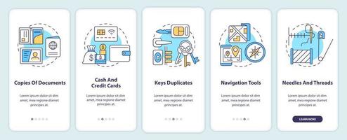 cosas esenciales para empacar la pantalla de la aplicación móvil incorporada. tutorial de acciones de guerra 5 pasos páginas de instrucciones gráficas con conceptos lineales. interfaz de usuario, ux, plantilla de interfaz gráfica de usuario. vector