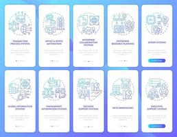 Information processing blue gradient onboarding mobile app screen set. Walkthrough 5 steps graphic instructions pages with linear concepts. UI, UX, GUI template. vector