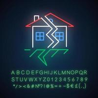 Earthquake neon light icon. Displacement of earth surface. Seismic activity. Cracked ground and house. Material damage. Glowing sign with alphabet, numbers and symbols. Vector isolated illustration