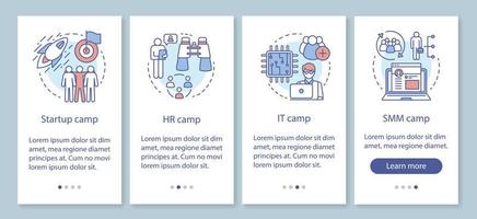 Startup, company camps onboarding mobile app page screen with linear concepts. Team building, HR training walkthrough steps graphic instructions. UX, UI, GUI vector template with illustrations