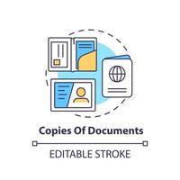 Copies of documents concept icon. Things to pack for surviving. Survival bag abstract idea thin line illustration. Isolated outline drawing. Editable stroke. vector