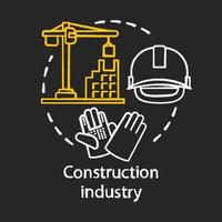 Construction industry chalk concept icon. Building sector. Crane, house, hard hat, work gloves. Real estate engineering idea. Vector isolated chalkboard illustration