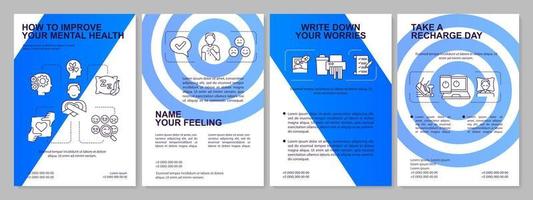 How to improve your mental health blue brochure template. Self care methods. Leaflet design with linear icons. 4 vector layouts for presentation, annual reports.