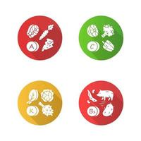 Vitamins flat design long shadow glyph icons set. A, C, B1, K vitamins natural food source. Vegetables, edible greens, dairy products. Minerals, antioxidants. Vector silhouette illustration