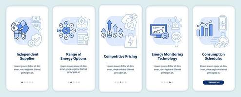 pantalla de la aplicación móvil de incorporación de luz azul esencial de la estrategia energética. tutorial 5 pasos páginas de instrucciones gráficas con conceptos lineales. interfaz de usuario, ux, plantilla de interfaz gráfica de usuario. vector