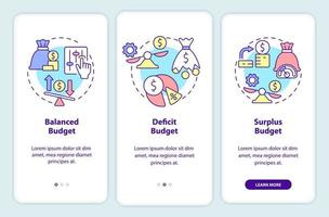 Budget classification onboarding mobile app screen. Financial plan walkthrough 3 steps graphic instructions pages with linear concepts. UI, UX, GUI template. vector