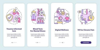 Tendencias de salud mental incorporando la pantalla de la aplicación móvil. tutorial de psicoterapia 4 pasos páginas de instrucciones gráficas con conceptos lineales. interfaz de usuario, ux, plantilla de interfaz gráfica de usuario. vector