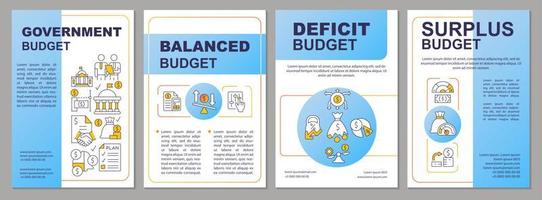 Government budget types blue brochure template. National budgeting. Leaflet design with linear icons. 4 vector layouts for presentation, annual reports.