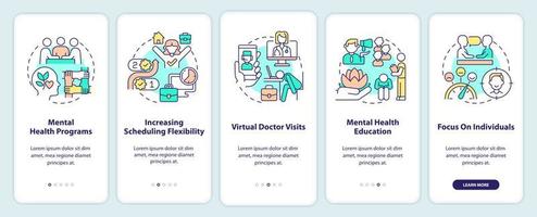 tendencias de salud mental en el trabajo al incorporar la pantalla de la aplicación móvil. tutorial de psicología 5 pasos páginas de instrucciones gráficas con conceptos lineales. interfaz de usuario, ux, plantilla de interfaz gráfica de usuario. vector