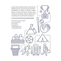 Children sport camp article page vector template. Brochure, magazine, booklet design element with linear icons and text boxes. Print design. Concept illustrations with text space