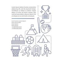 plantilla de vector de página de artículo de campamento deportivo para niños. folleto, revista, elemento de diseño de folleto con iconos lineales y cuadros de texto. diseño de impresión. ilustraciones conceptuales con espacio de texto