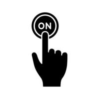 Turn on button click glyph icon. Silhouette symbol. Power. Hand pressing button. Negative space. Vector isolated illustration