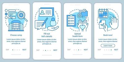 Camp booking onboarding mobile app page screen with linear concepts.Child holiday vacation reserving walkthrough steps graphic instructions. UX, UI, GUI vector template with illustrations