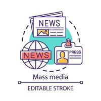 Mass media concept icon. News agency. Journalism. Information channel. Review of world events. Newspaper editorial office idea thin line illustration. Vector isolated outline drawing. Editable stroke