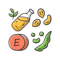 Vitamin E color icon. Peanuts, peas and beans. Seed oil. Healthy diet. Minerals, antioxidants. Tocopherol natural food source. Dairy products. Proper nutrition. Isolated vector illustration