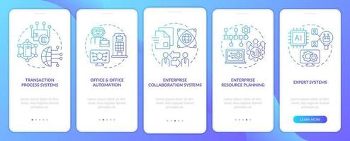 pantalla de aplicación móvil de incorporación de gradiente azul de tipos de sistemas de información. tutorial 5 pasos páginas de instrucciones gráficas con conceptos lineales. interfaz de usuario, ux, plantilla de interfaz gráfica de usuario. vector