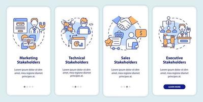 Types of stakeholders onboarding mobile app screen. Partnership walkthrough 4 steps graphic instructions pages with linear concepts. UI, UX, GUI template. vector