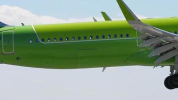 NOVOSIBIRSK, RUSSIAN FEDERATION JUNY 12, 2022 - Airbus A321, RA 73442 of S7 Airlines landing at Tolmachevo airport. Close shot, plane in flight. Travel concept video