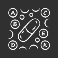 Vitamin pills chalk icon. A, B, C, D, E, K multi vitamins complex. Multivitamin medication. Vital minerals and antioxidants. Healthcare and medicine. Isolated vector chalkboard illustration
