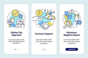 Stakeholder management plan onboarding mobile app screen. Walkthrough 3 steps graphic instructions pages with linear concepts. UI, UX, GUI template. vector