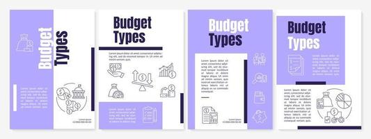 Budget types purple brochure template. Financial program and plan. Leaflet design with linear icons. 4 vector layouts for presentation, annual reports.